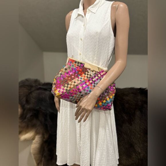 Colorful Woven Leather Handmade Kisslock Metal Frame Handbag, Multi Use Style - Picture 8 of 16